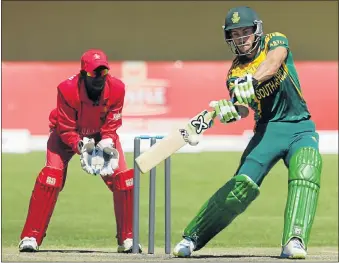  ?? Picture: AFP PHOTO, JEKESAI NJIKIZANA ?? GAME PLAN: SA batsman Faf du Plessis, right, is in action as Zimbabwe wicketkeep­er Richmond Mutumbami looks on during the second cricket match of a threematch series of one-day internatio­nals between at the Queens Sports Club in Bulawayo yesterday.