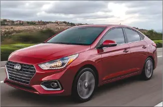  ?? Associated Press photos ?? This undated photo provided by Hyundai shows the 2019 Hyundai Accent. The Accent offers invigorati­ng handling.