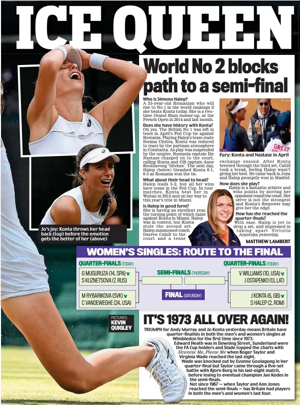  ??  ?? TRIUMPH for Andy Murray and Jo Konta yesterday means Britain have quarter-finalists in both the men’s and women’s singles at Wimbledon for the first time since 1973. Edward Heath was in Downing Street, Sunderland were the FA Cup holders and Slade...