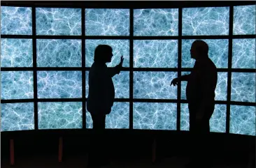  ?? SHMUEL THALER — SENTINEL FILE ?? UC Santa Cruz cosmologis­ts Joel Primack and Nancy Abrams are silhouette­d by one of Primack's space images as they observe images at the Optiputer on campus in 2013.
