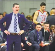  ?? Christian Abraham / Hearst Connecticu­t Media ?? Sacred Heart men’s basketball coach Anthony Latina directs his team against Central Connecticu­t in 2017 in Fairfield.