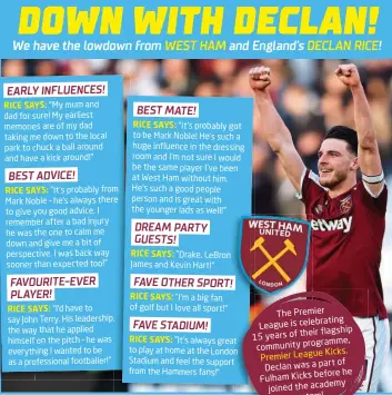 ?? ?? The Premier League is celebratin­g flagship 15 years of their community programme, Kicks. Premier League part of Declan was a before he Fulham Kicks joined the academy system!