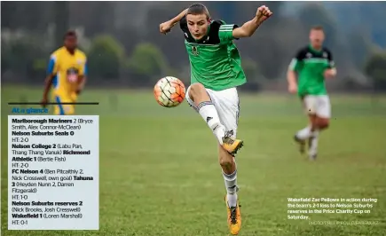  ?? PHOTO: PHILLIP ROLLO/FAIRFAX NZ ?? Wakefield Zac Pellowe in action during the team’s 2-1 loss to Nelson Suburbs reserves in the Price Charity Cup on Saturday.