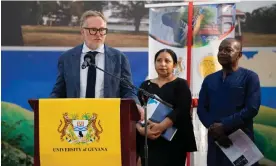  ?? Photograph: Chris Leung/AP ?? Charles Gladstone, a descendant of former plantation owner John Gladstone, delivers an apology on behalf of the Gladstone family at Georgetown University in Guyana on Friday.