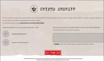  ??  ?? The front page of NoMoreRans­om.org’s Crypto-Sheriff site includes an easy tool to discover what kind of ransomware may be affecting your PC