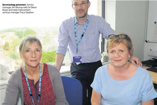  ??  ?? Increasing pressure Service manager Jim Murray with Dr Eileen Boyes and early-interventi­on services manager Tracy Stephen