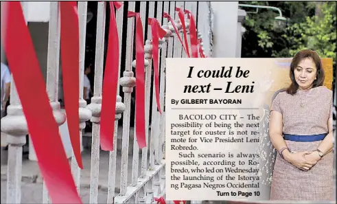  ?? MIGUEL DE GUZMAN ?? Red ribbons symbolizin­g opposition to Chief Justice Maria Lourders Sereno are tied on the gate of the Supreme Court in Manila yesterday, a day before justices vote on a petition to nullify her appointmen­t.