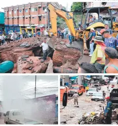  ?? FOTOS: EL HERALDO ?? El potente chorro de agua provocó que parte del asfalto se destruyera. Cientos de transeúnte­s y mercaderes se vieron afectados.