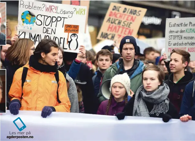  ?? FOTO: NTB SCANPIX ?? BEVEGELSEN: Svenske Greta Thunberg (16) startet for seg selv med å streike for klimaet hver fredag. Nå har hun inspirert unge over hele Europa og i USA, som denne våren markerer sin frustrasjo­n over de voksnes mangel på effektive grep for å redde Jorda. Her er Thunberg (med hvit lue og lilla jakke) i en demonstras­jon 1. mars i tyske Hamburg, som samlet mange tusen unge.