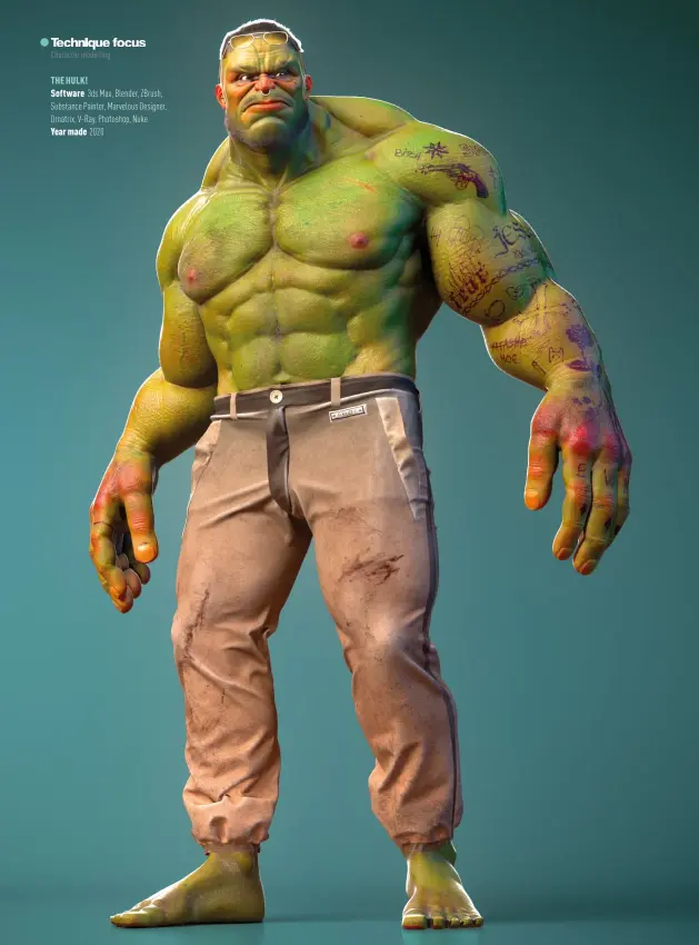  ??  ?? THE HULK! Software 3ds Max, Blender, Zbrush, Substance Painter, Marvelous Designer, Ornatrix, V-ray, Photoshop, Nuke Year made 2020