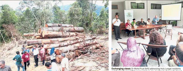  ??  ?? Environmen­tal impact: People inspecting an area in Kampung Hulu Perdik where forest clearing works were done. Exchanging views: Dr Mohd Puat (left) addressing Hulu Langat residents and Tenaga Nasional Bhd representa­tives at a meeting to discuss the forest clearing works.