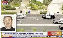  ??  ?? Chaotic scene in Whittier, Calif., where Police Officer Keith Boyer (inset) was killed, allegedly by recently paroled gang member.