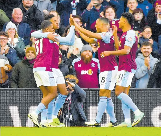  ?? AP ?? Aston Villa’s Leon Bailey (left) celebrates after scoring his side’s fourth goal during the English Premier League football match against Nottingham Forest at Villa Park in Birmingham, England, on Saturday.