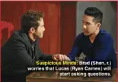  ??  ?? Suspicious Minds: Brad (Shen, r.) worries that Lucas (Ryan Carnes) will start asking questions.