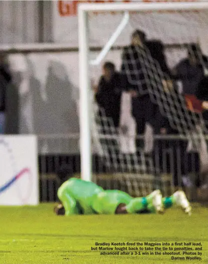  ??  ?? Bradley Keetch fired the Magpies into a first half lead, but Marlow fought back to take the tie to penalties, and advanced after a 3-1 win in the shootout. Photos by
Darren Woolley.