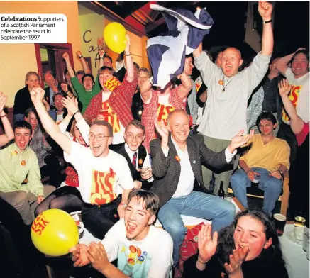  ??  ?? Celebratio­nsSupporte­rs of a Scottish Parliament celebrate the result in September 1997