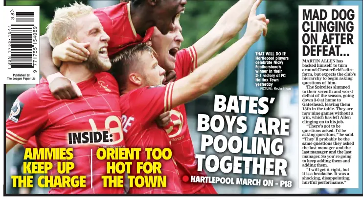  ?? PICTURE: Media Image ?? THAT WILL DO IT: Hartlepool players celebrate Nicky Feathersto­ne’s winner in their 2-1 victory at FC Halifax Town yesterday