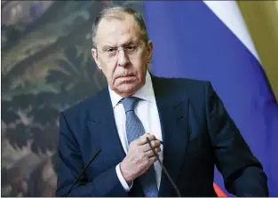  ?? RUSSIAN FOREIGN MINISTRY PRESS SERVICE — VIA THE ASSOCIATED PRESS, FILE ?? Russian Foreign Minister Sergey Lavrov said that Russian and U.S. negotiator­s will talk early next year to discuss Moscow’s demand for Western guarantees precluding NATO’s expansion to Ukraine. Russia has massed troops close to its border with Ukraine.