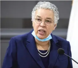  ?? ASHLEE REZIN GARCIA/SUN-TIMES ?? Cook County Board President Toni Preckwinkl­e speaks during a press conference in April.