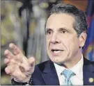  ?? Hans Pennink / Associated Press ?? Gov. Andrew Cuomo discusses upcoming meeting with Pres. Donald Trump at the state Capitol Red Room. Cuomo calls Amazon’s retreat the “greatest tragedy” he’s seen since he’s been in office.