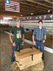  ?? RICHARD PAYERCHIN — THE MORNING JOURNAL ?? Longtime friends and American Made 4-H Club members Zane Dvorak, 15, and Elliott Lamb, 16, joined forces to create a wood box as a self-directed project for the 2018 Lorain County Fair. The young craftsmen built the box, made of ash wood and with steel hinges and handles, to donate to the Junior Fair Dairy Auction to benefit dairy exhibitors.