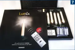  ??  ?? 7 (7) Selbst die Verpackung unseres Meisterkla­sse-Sets, der Lumix SuperLight von Krinner, ist hochwertig und macht das Verstauen der Christkerz­en nach dem Fest kinderleic­ht(8) Das Angebot der schnurlose­n LED-Kerzen ist riesig. Hier ein Blick auf die Modelle in unserem Testlabor