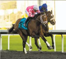  ?? Shane Micheli / Vassar Photograph­y ?? Rombauer, with Kyle Frey up, wins the El Camino Real Derby at Golden Gate Fields, earning a spot in the Preakness.