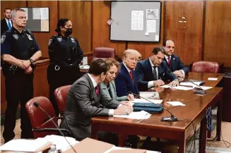  ?? Seth Wenig/Associated Press ?? Former President Donald Trump appears in Manhattan court on April 4 for his arraignmen­t. The selection of a dozen jurors, a historic challenge for the court, is scheduled to start Monday.