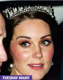  ??  ?? TUESDAY NIGHT Kate wears the Lover’s Knot tiara to the Palace