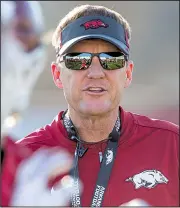  ?? NWA Democrat-Gazette/BEN GOFF ?? Coach Chad Morris said the coaching staff will “step on them pretty hard” during the first full week of camp starting Monday before the Hogs’ first major scrimmage Aug. 11.