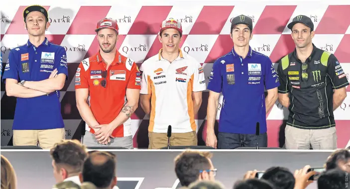  ??  ?? From left, Valentino Rossi, Andrea Dovizioso, Marc Marquez, Maverick Vinales and Johann Zarco attend a press conference in Doha.