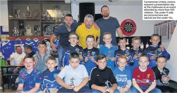  ??  ?? Cwmamman United Juniors enjoyed a presentati­on day at the clubhouse at an event attended by more than 100 children. The under-11 side are pictured here and (above) are the under-12s.