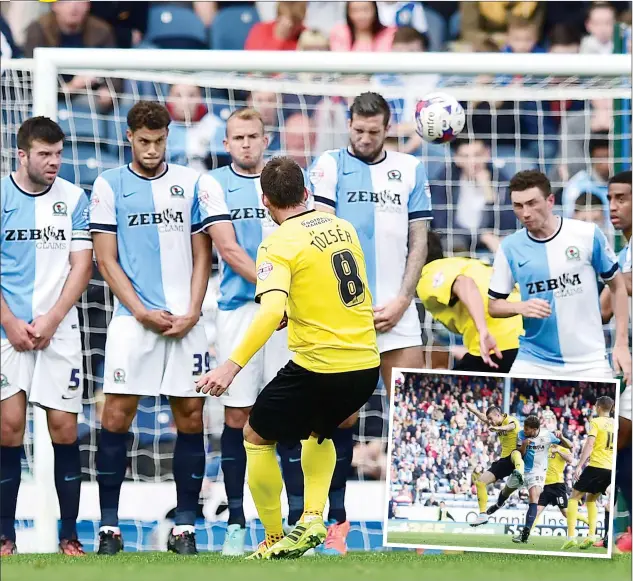  ?? PICTURES: Action Images ?? PICTURE PERFECT: Daniel Tozser scores the second goal for Watford from a free-kick. Inset: Rudy Gestede heads home for Blackburn