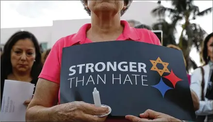  ?? JOE RAEDLE/GETTY IMAGES ?? The message of “Stronger than hate,” displayed in a communityw­ide solidarity vigil at the Holocaust Memorial in Miami Beach to remember the victims of the mass shooting at a Pittsburgh temple, should be a reminder to all of us during these troubled times.