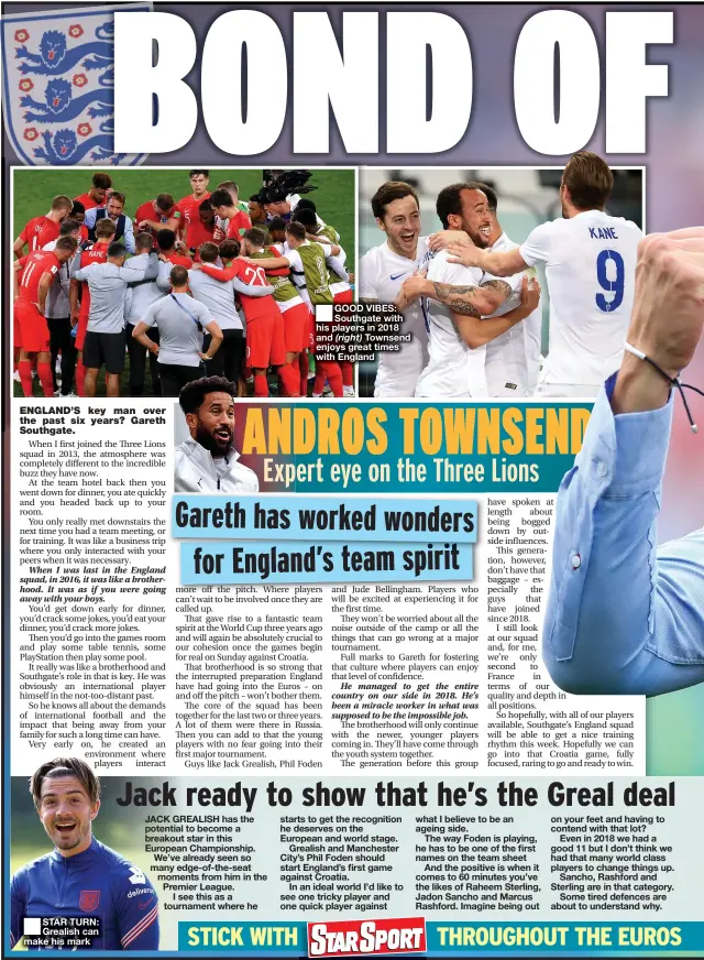  ??  ?? GOOD VIBES: Southgate with his players in 2018 and (right) Townsend enjoys great times with England