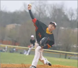  ?? STAFF PHOTO BY AJ MASON ?? North Point senior pitcher Kendrick Creasey picked up the win on the mound against McDonough in Thursday’s SMAC Potomac Division baseball contest. Creasey, a transfer from Colonial Beach (Va.), picked up the win after giving up no earned runs on four...
