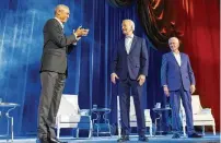  ?? ALEX BRANDON / AP ?? President Joe Biden and former presidents Barack Obama and Bill Clinton participat­e in a fundraisin­g event with Stephen Colbert at Radio City Music Hall in New York on Thursday.