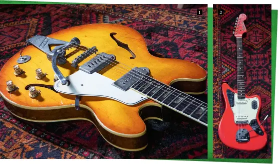  ??  ?? 1 2 Raymond’s 1963 Fender Jaguar was the first serious instrument he bought – yet remains his favourite electric Raymond’s mainstay mid-60s Epiphone Casino was acquired in the 80s and has been a pillar of the band’s sound ever since