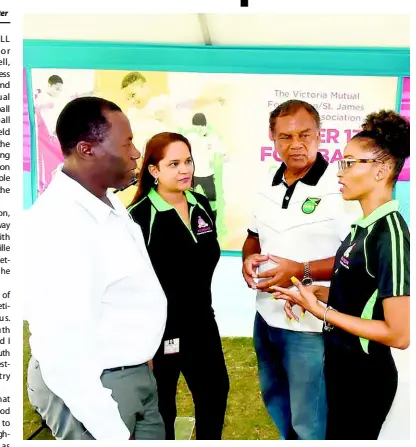  ?? CONTRIBUTE­D ?? From left: Wendell Downswell, technical director, Jamaica Football Federation; Suzette Ramdanie-Linton, western regional manager; David Watt, vice-president of the St James Football Associatio­n; and Naketa West, manager, Victoria Mutual (VM) Foundation, share thoughts during the launch of the VM Foundation Under13 Football Competitio­n on April 10, 2019, at the UDC Playing Field, Montego Bay, St James.