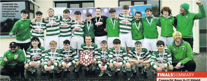  ?? ?? CHAMPIONS: The Strand Celtic Boys U-18 squad and management after last Saturday’s Shield success.