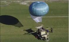  ?? DRONE AVIATION CORP. VIA AP ?? In this undated aerial photo provided by Drone Aviation Corp. shows a tethered balloon, called Winch Aerostat Small Platform, or WASP. The U.S. Border Patrol is considerin­g another type of surveillan­ce balloon to spot illegal activity. It’s part of an effort to see if more eyes in the sky translate to fewer illegal border crossings.