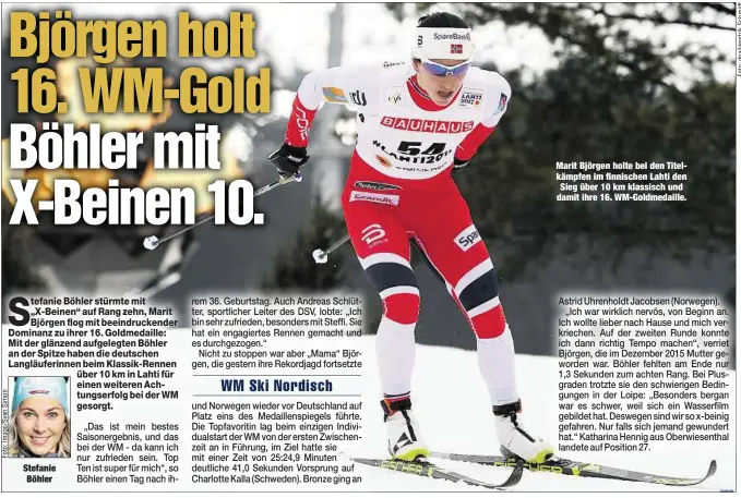  ??  ?? Stefanie Böhler Marit Björgen holte bei den Titelkämpf­en im finnischen Lahti den Sieg über 10 km klassisch und damit ihre 16. WM-Goldmedail­le.