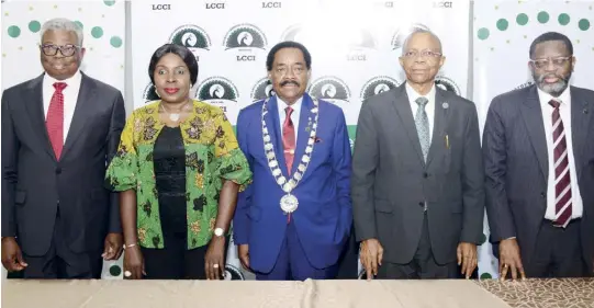  ?? ?? L-R: Vice President, Lagos Chamber of Commerce and Industry (LCCI), Engr Leye Kupoluyi, FCA; Director General, LCCI, Dr. Chinyere Almona; President, LCCI, Asiwaju (Dr) Michael Olawale-Cole; Deputy President, Mr Gabriel Idahosa, FCA and Vice President, LCCI, Mr Gbenga Ismail, during the 2023 first quarter Press Conference on the state of the economy at Commerce House, Victoria Island Lagos on January 10, 2023.