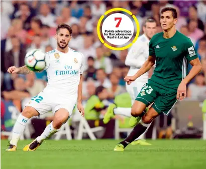  ?? AFP ?? Real Madrid’s Isco (left) vies for the ball with Real Betis’ Aissa Mandi during a Spanish league match at the Santiago Bernabeu. —