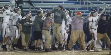  ?? JEN FORBUS — THE MORNING JOURNAL ?? The Rocky River sideline celebrates during a Division III, Region 10 quarterfin­al win over top-ranked Clyde.