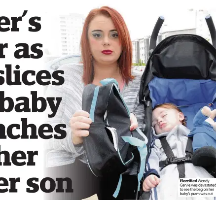  ??  ?? Horrified Wendy Garvie was devastated to see the bag on her baby’s pram was cut