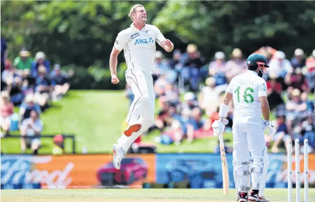  ?? PHOTO: GETTY IMAGES ?? Soaring high . . . New Zealand bowler Kyle Jamieson celebrates bowling Pakistan’s Mohammad Rizwan during day four of the second test match at Hagley Oval in Christchur­ch yesterday. Jamieson went on to take six wickets in the innings, ensuring a Black Caps’ test and series victory.