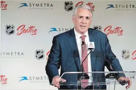  ?? TED S. WARREN THE ASSOCIATED PRESS ?? Ron Francis talks to reporters Thursday in Seattle after he was introduced as the first general manager for a not-yet-named National Hockey League expansion team.