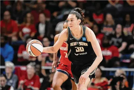 ?? Terrance Williams/Associated Press ?? New York Liberty forward Breanna Stewart brings the ball up court during the first half of a WNBA game against the Washington Mystics on May 19 in Washington. Stewart was named league MVP.