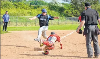  ?? COLIN CHISHOLM ?? Windsor Knights’ catcher Tristen Horner attempts to tag Sherose Island Schooner player Shannon Smith as he heads for home plate.